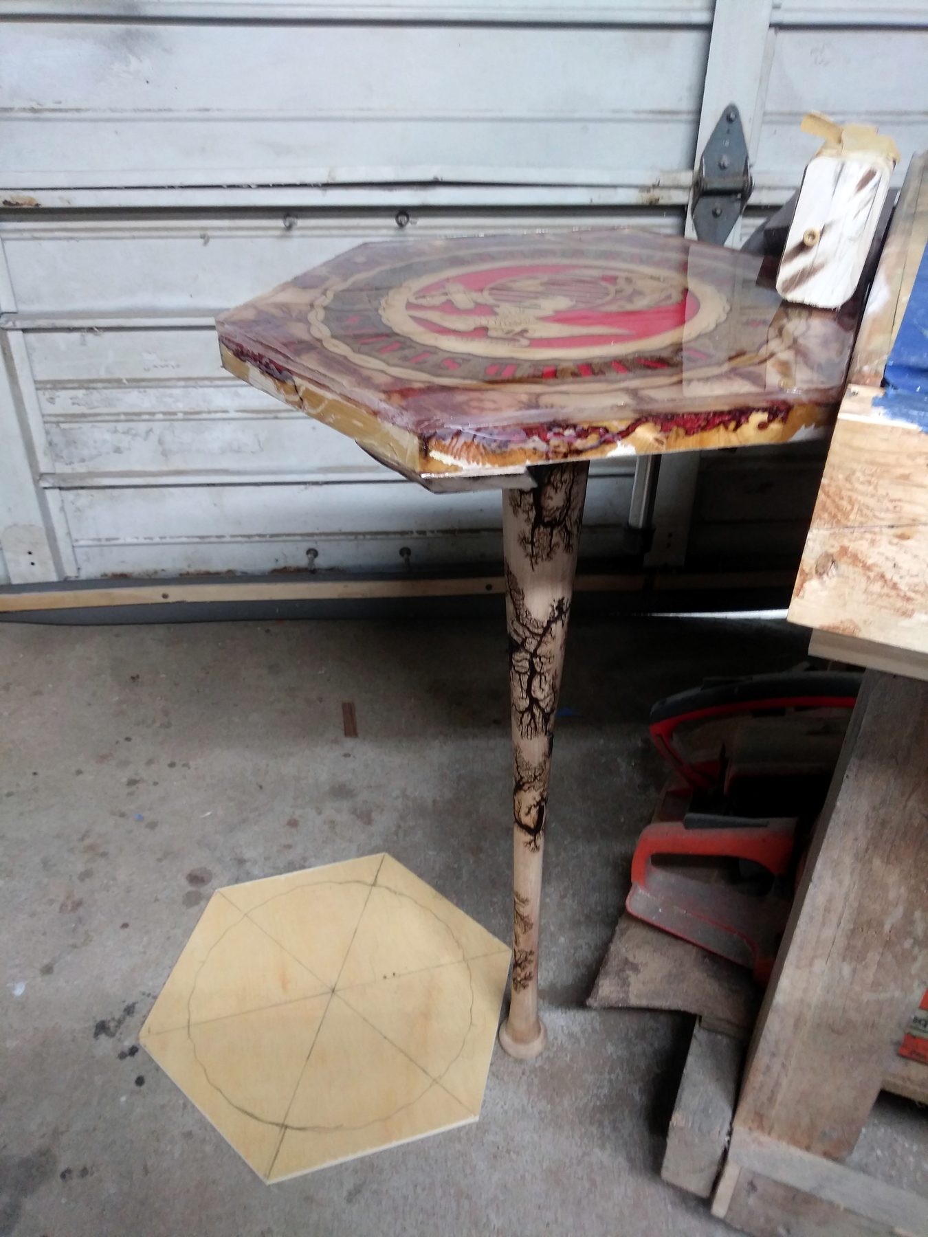 A finished top on its pedestal in the shop